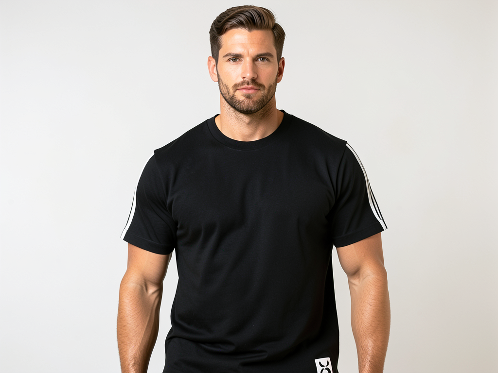 Men’s Black Athletic T-Shirt with Sleeve Stripes