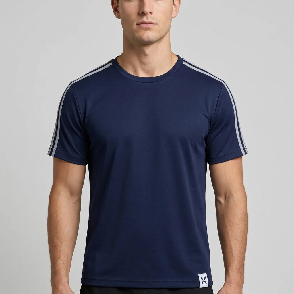 Men’s Navy Athletic T-Shirt with Stripe Sleeves
