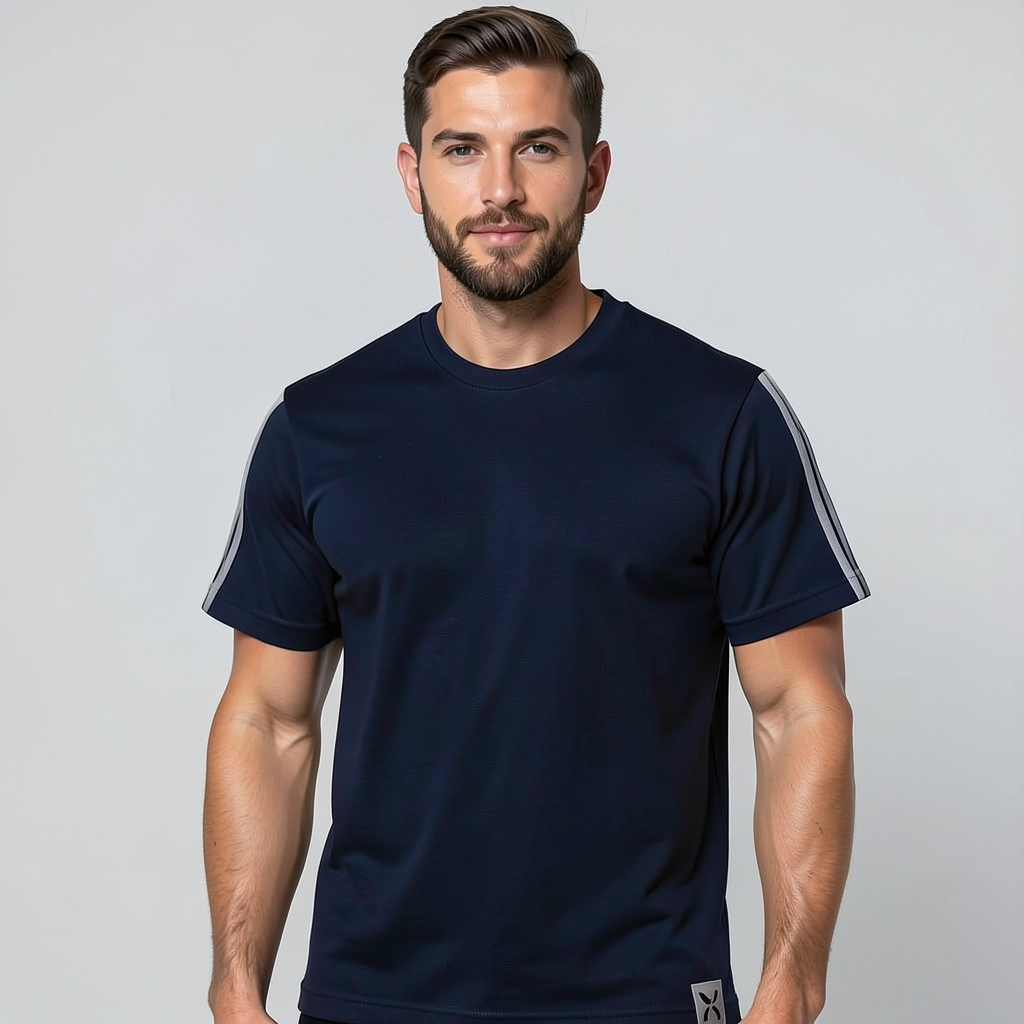 Men’s Navy Athletic T-Shirt with Stripe Sleeves